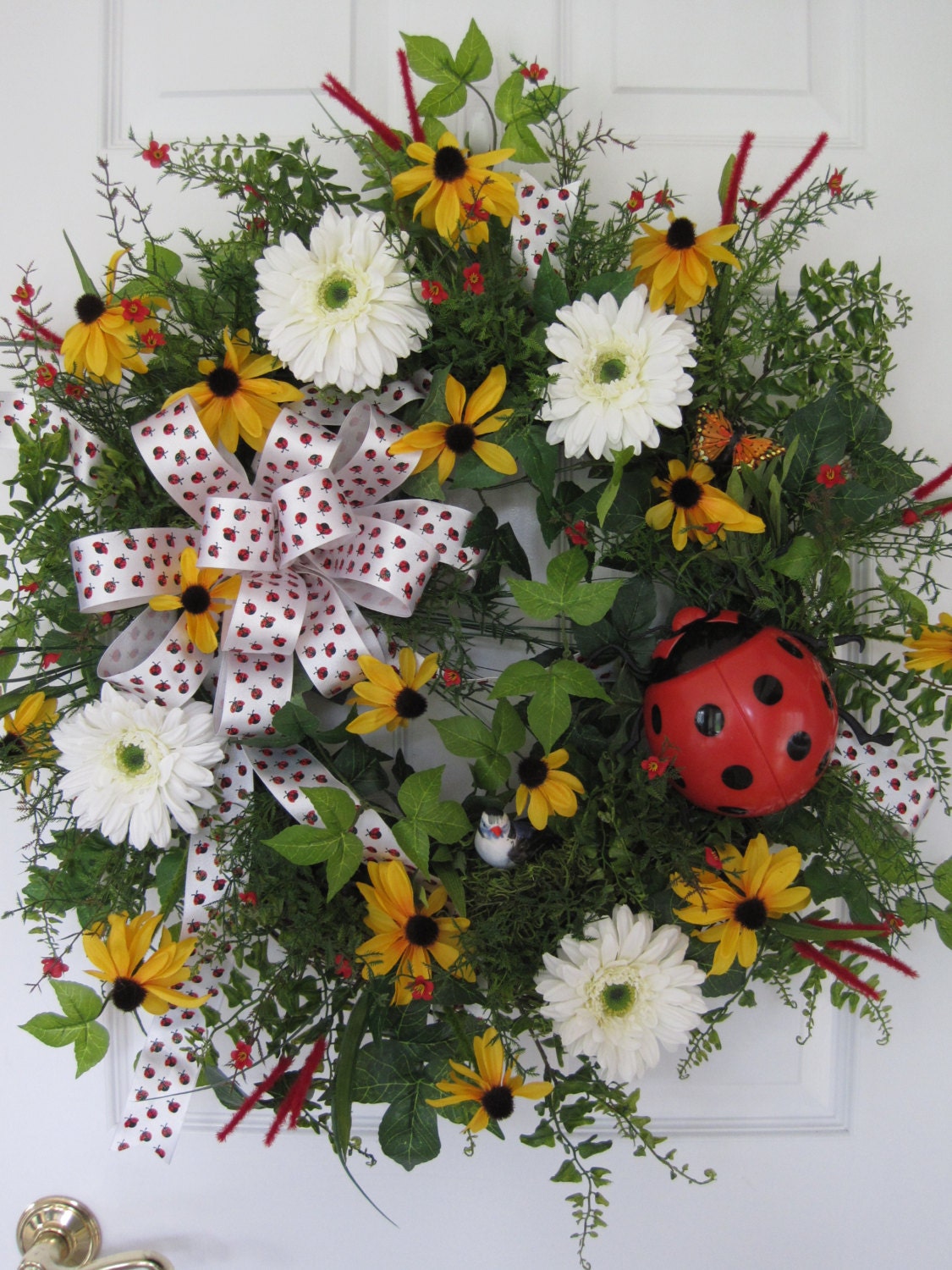 Pre- Summer Sale- LADYBUG WREATH Country Spring Summer Garden Bird Butterfly - Free Shipping