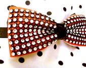 Unisex Black & Red Patent Leather Fetish Slim Double Bow Tie w. Rhinestones