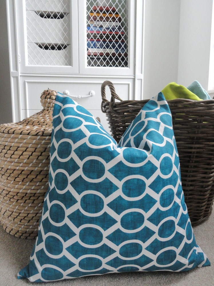 Blue Oval Pillow Cover - Designer Decorative Pillow - 18 x 18 - Throw Pillow - Blue and White Geometric