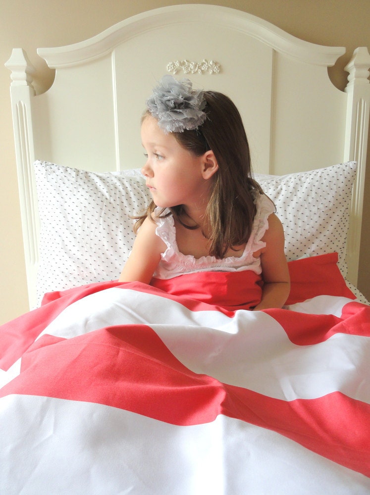 Handmade Baby Bedding -  Baby Duvet - Toddler Duvet - Wide Stripe in Coral - Coral and White Wide Stripe Duvet