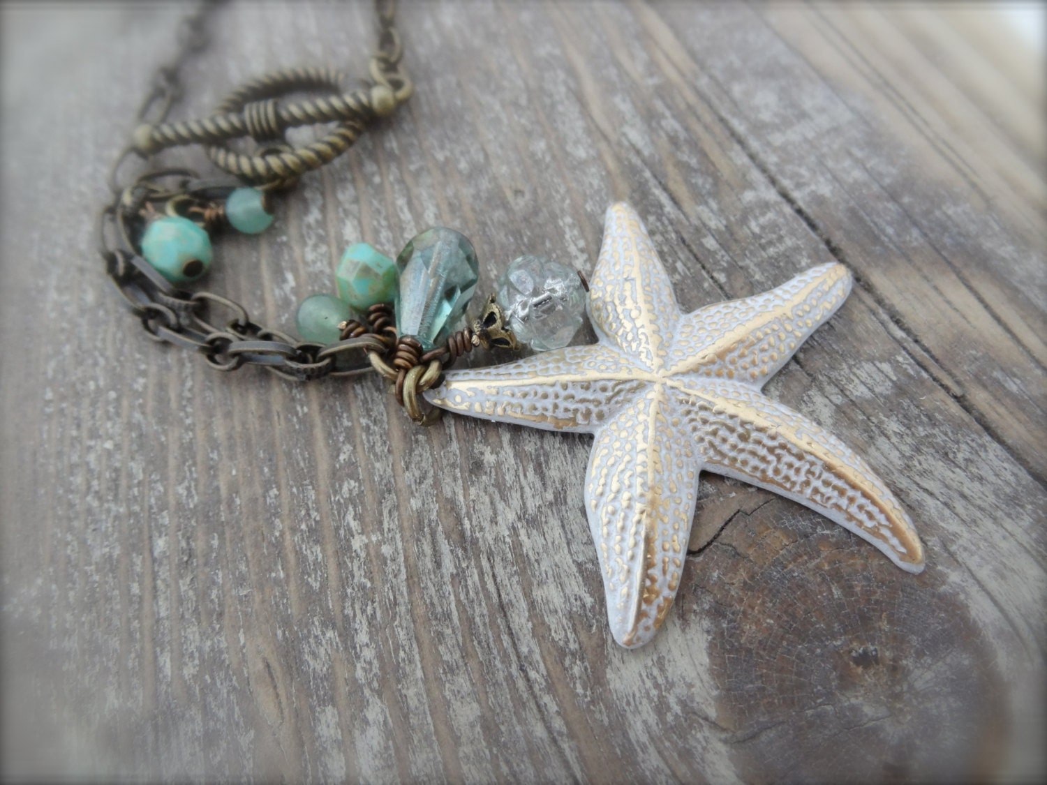 Sea Life Extra Long Necklace on Antique Brass Chain with Starfish Charm