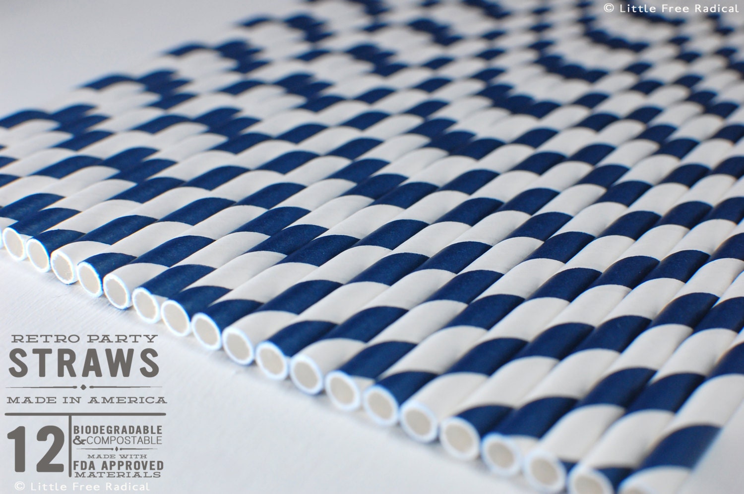 12 Navy Blue Striped Biodegradable Paper Straws  & Digital Flags - Party - Birthday - Baby Shower - Wedding