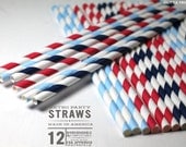 Nautical Mix - Red Light Blue and Navy Paper Stripey Straws  12pk & Digital Flags - Party - Birthday - Baby Shower - Wedding