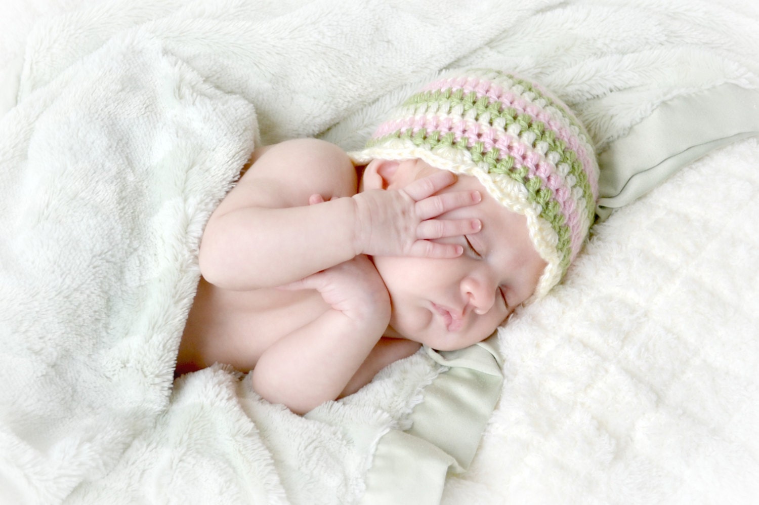 Crochet Baby Beanie with Shell Edge Hat Newborn Cream/Pistachio/Soft Pink - MADE TO ORDER