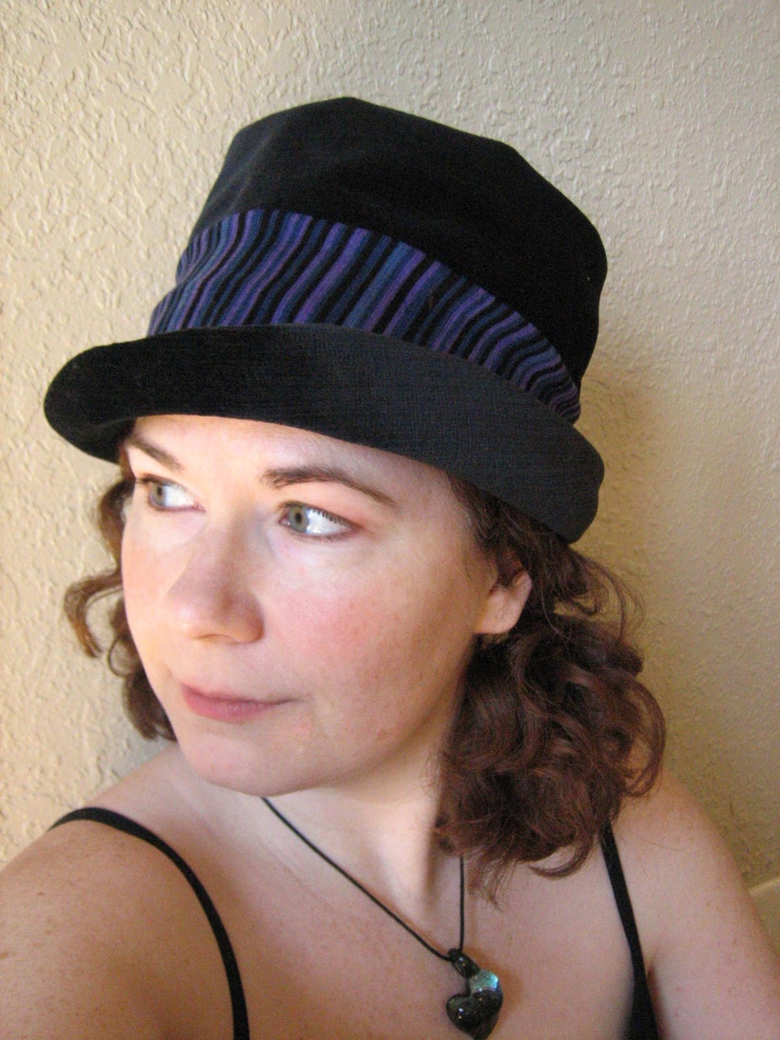 Black Velvet with Blue and Purple Stripes - Reversible Cloche Hat