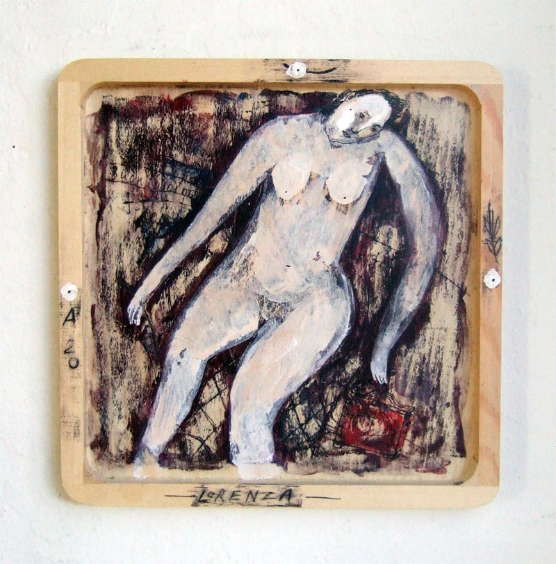 LORENZA original painting  woman wooden panel square 9"x 9"