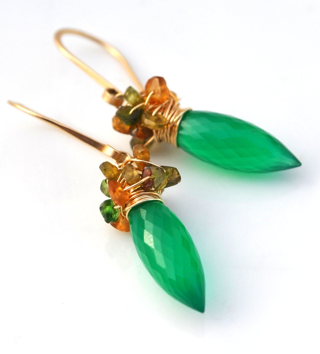 Emerald Green Onyx Dewdrop Earrings in 14k Gold Fill with Tourmaline Cluster - Wire Wrapped Gemstone Jewelry, Gift For Her