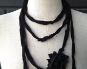 Fabric flower Lariat Multistrand Necklace in Black and Lace - Scarflette or Belt