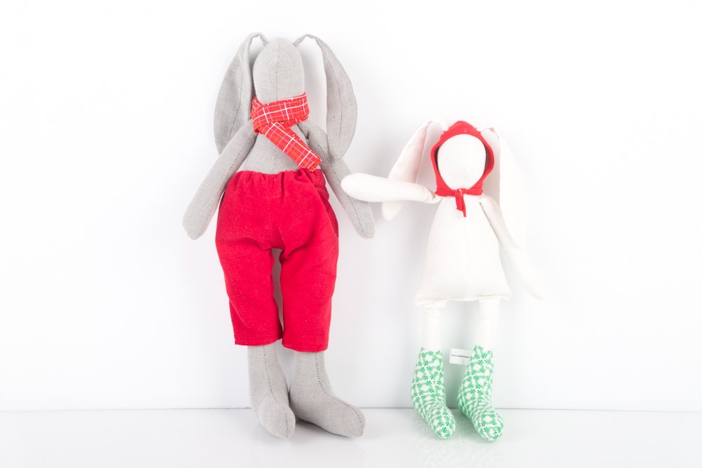 Father and son rabbits dolls, gray dad in Plaid scarf and red corduroy And White little boy in red Hood ,green socks - handmade fabric doll