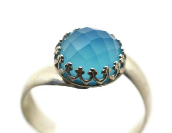 10mm Blue Chalcedony Ring, Sterling Silver Cocktail Ring, Blue Gemstone, Wide Silver Band