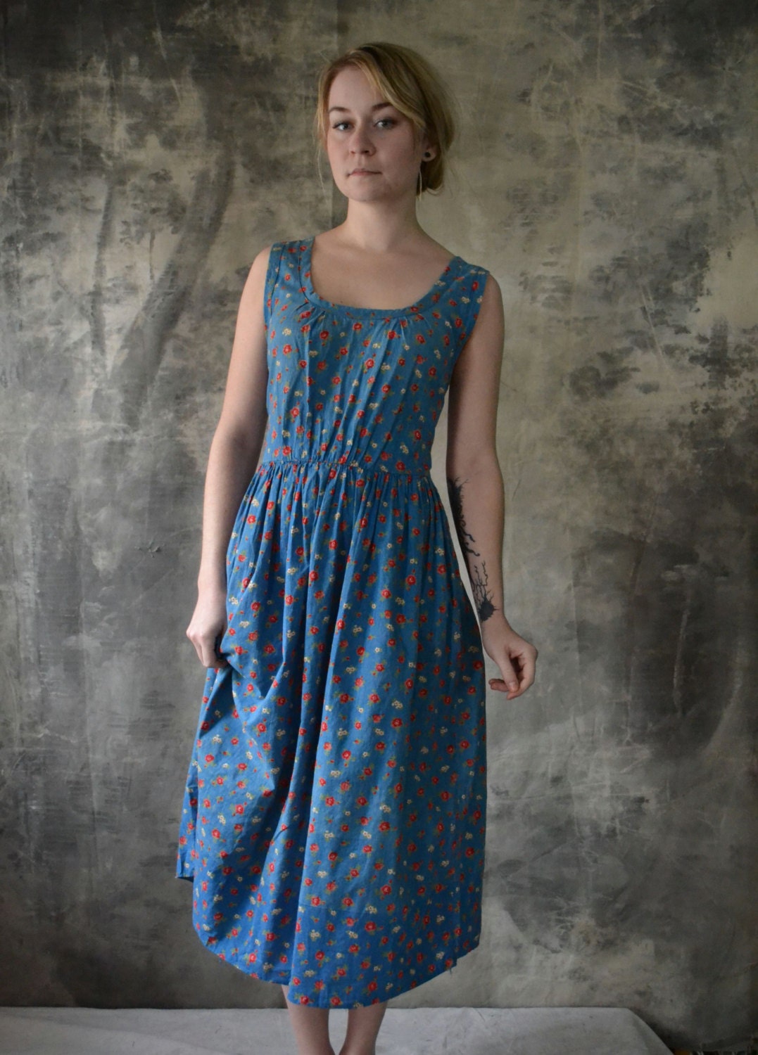 1930s Handmade Austrian Blue Cotton Dress Red Flowers