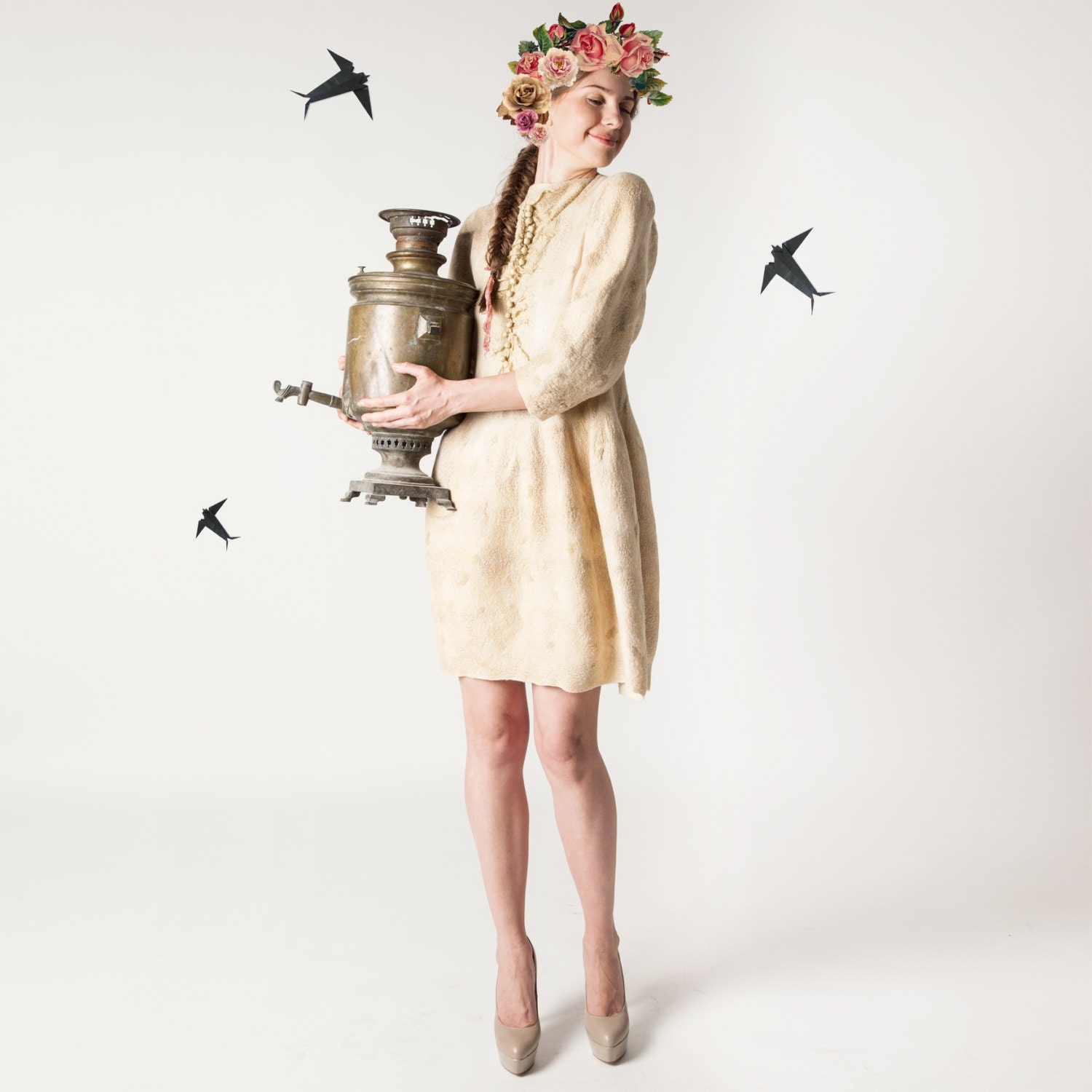Beige felted dress, nunofelting, fashion dress, size S M, OOAK