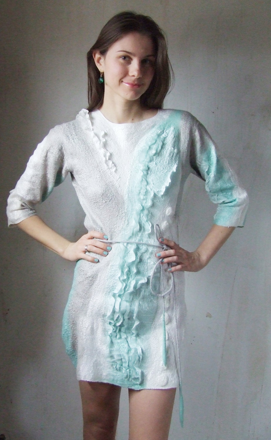 Mint in grey dress, felted mini dress with three-quarters sleeve grey white nunofelting  fashion, neutral nuno felted dress custom size