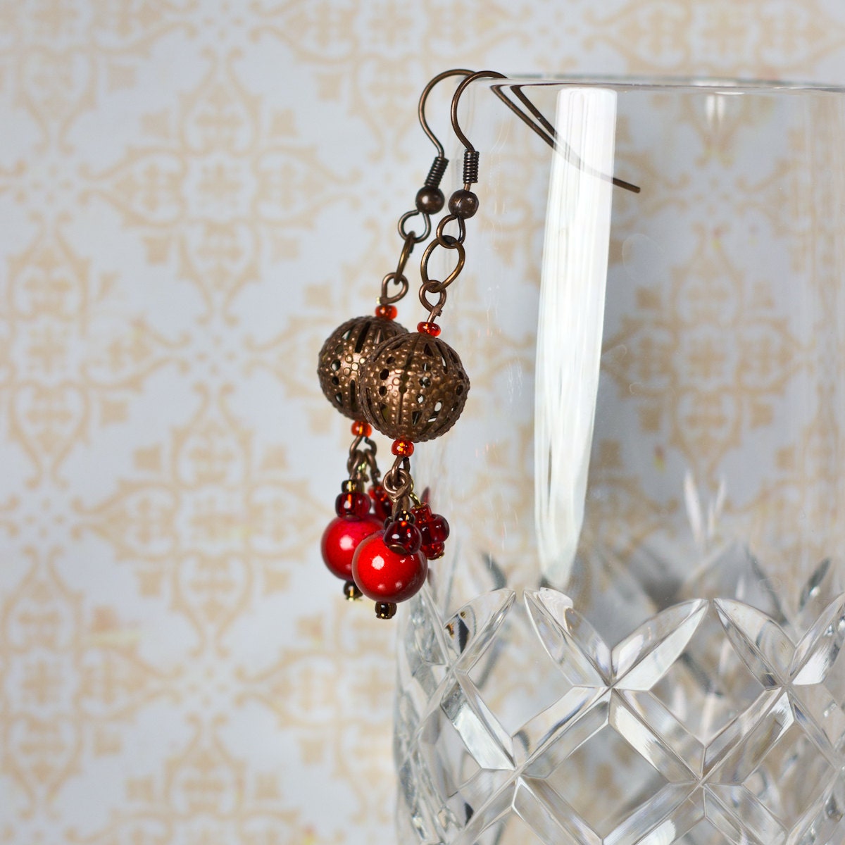 Dangly Death Star Earrings with Red Accents