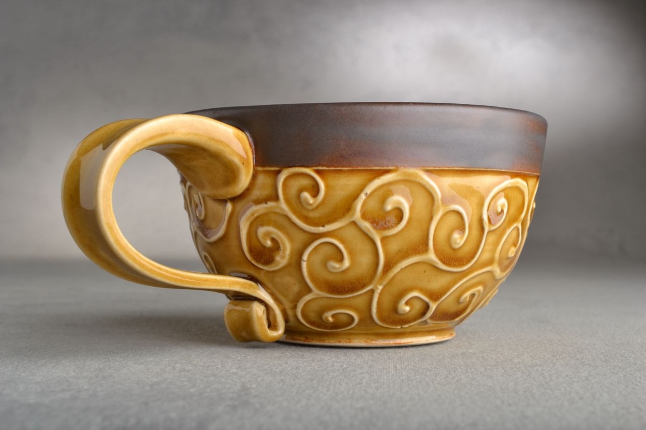 Soup Mug Ready To Ship Amber Stoneware Slip Trailed Soup Cocoa Coffee Mug by Symmetrical Pottery