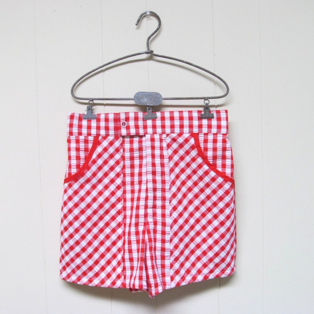 Vintage 1970s Mens Shorts / 70s CATALINA Red Gingham Seersucker Swim Trunks Pool Pants / Small - RanchQueenVintage