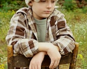 5/Tween or Teen/Adult Button Strap Newsboy - Ivory Tweed with brown buttons, crocheted hat