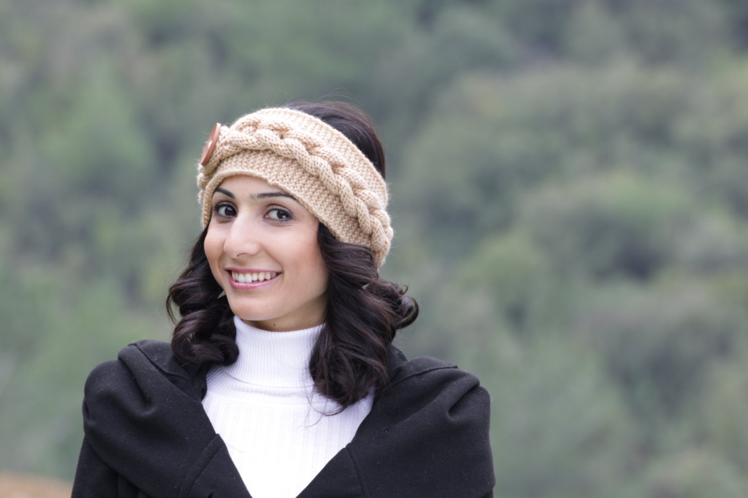 Women headband in light brown  - Knitted, stretchy