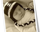 Football Hat Earflaps & Braids: 0-3m, 3-6m, 6-12m - Newborn Baby Boy Girl Brown White Crochet Photography Prop NFL or Team Colors avail