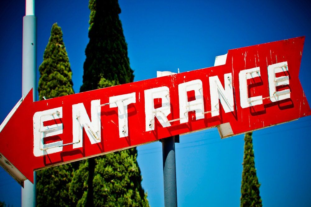 Red Entrance Arrow - Vintage Neon Sign - Motel Entrance Sign - Retro Typography - Colorful Wall Art - 8X12 Fine Art Photograph