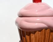 SALE: Ceramic Cupcake Cookie Jar, Pink frosting with Cherry Red top