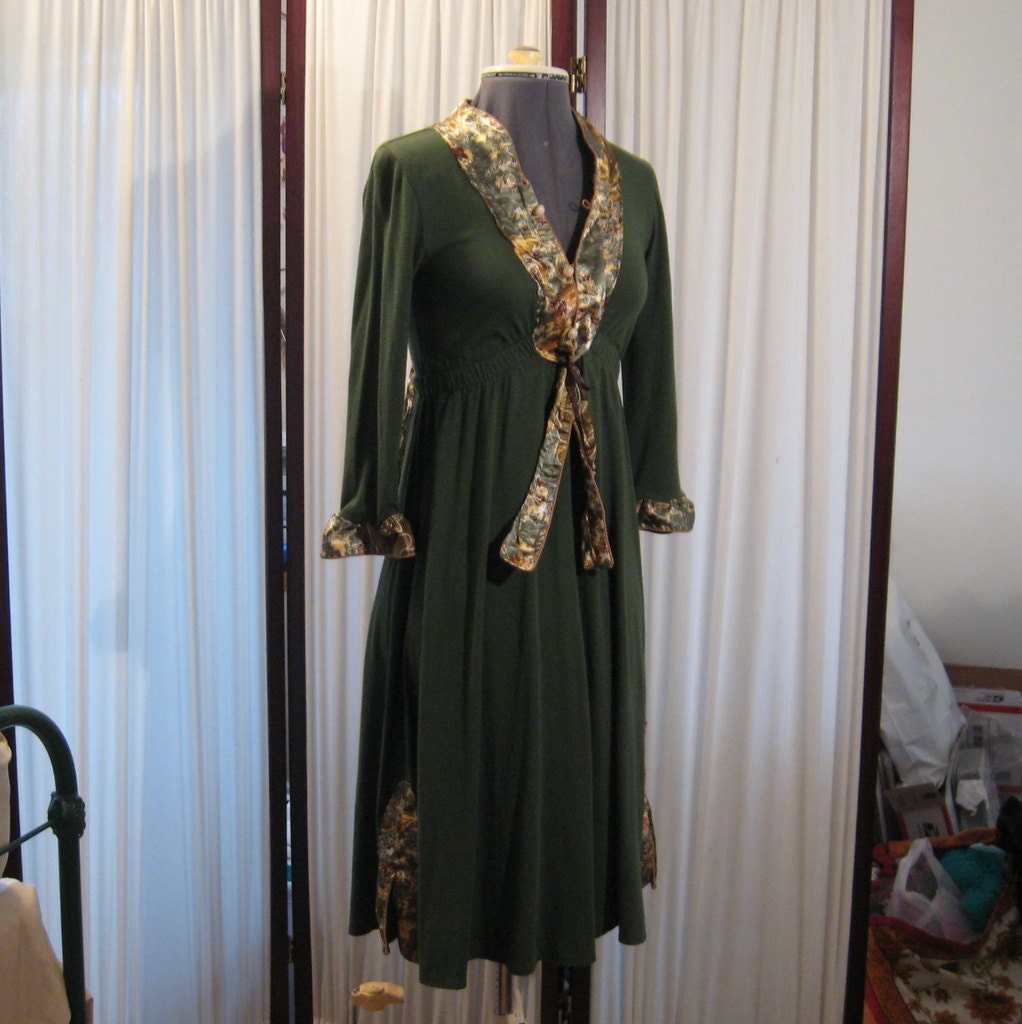 Reconstructed Recycled EcoFriendly Ladies' LS Dress Green with Green Brown Gold Asian Oriental Ethnic Silk Beautiful