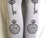 Pocket-Watch & Keys Alice in Wonderland Printed Tights Medium Tall Black on Dove Grey Women Steampunk Victorian Gothic Lolita Print