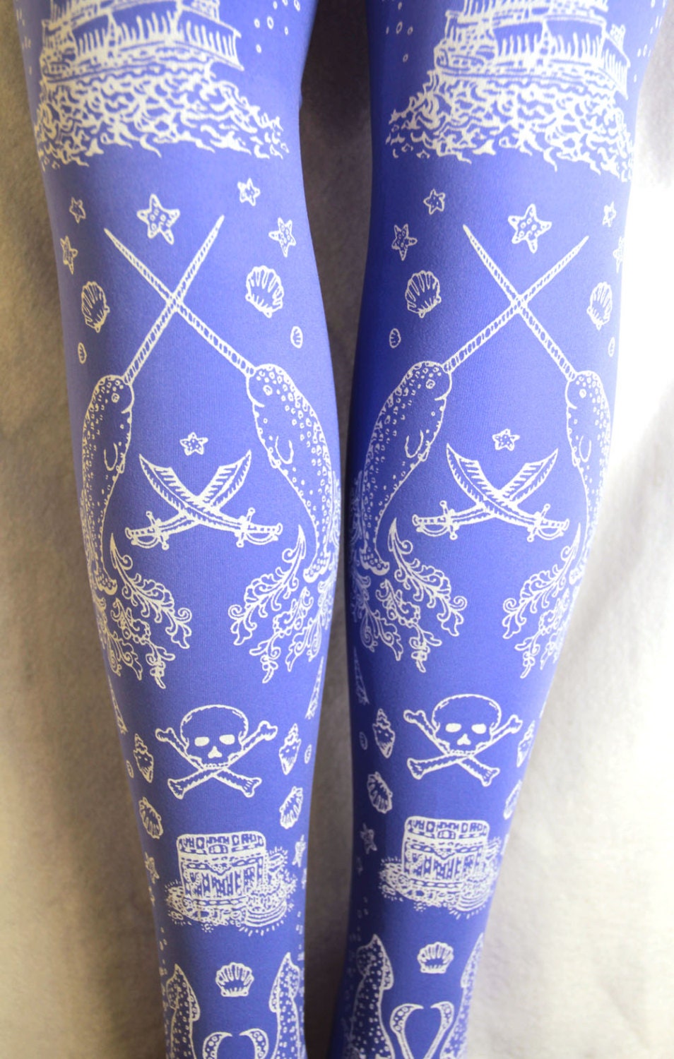 Octopus Tights Pirate Printed Medium Tall White on Cornflower Blue Women