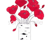 Poppies In A Birch Vase - Art Print - 8x10
