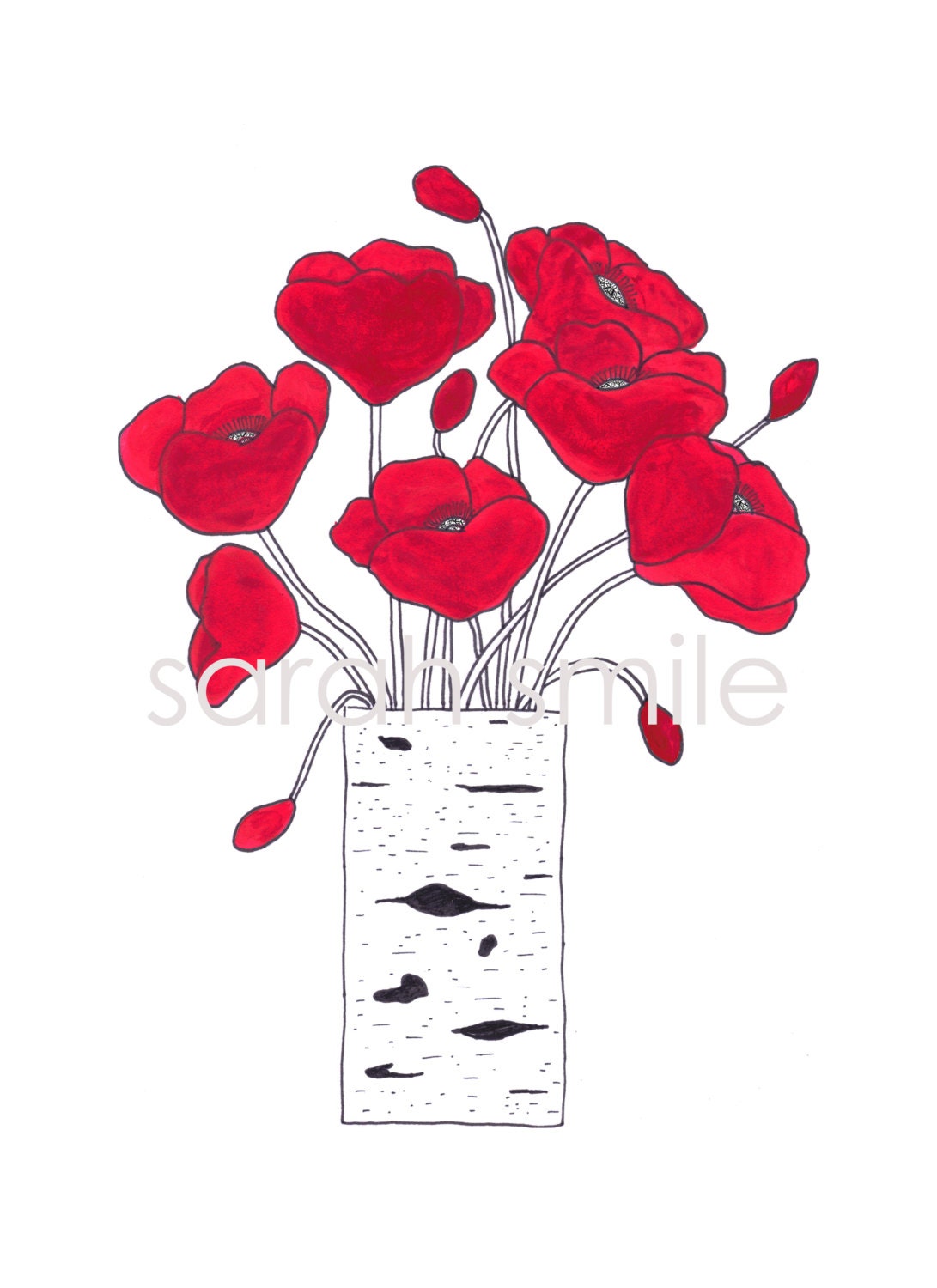 Poppies In A Birch Vase - Art Print - 8x10