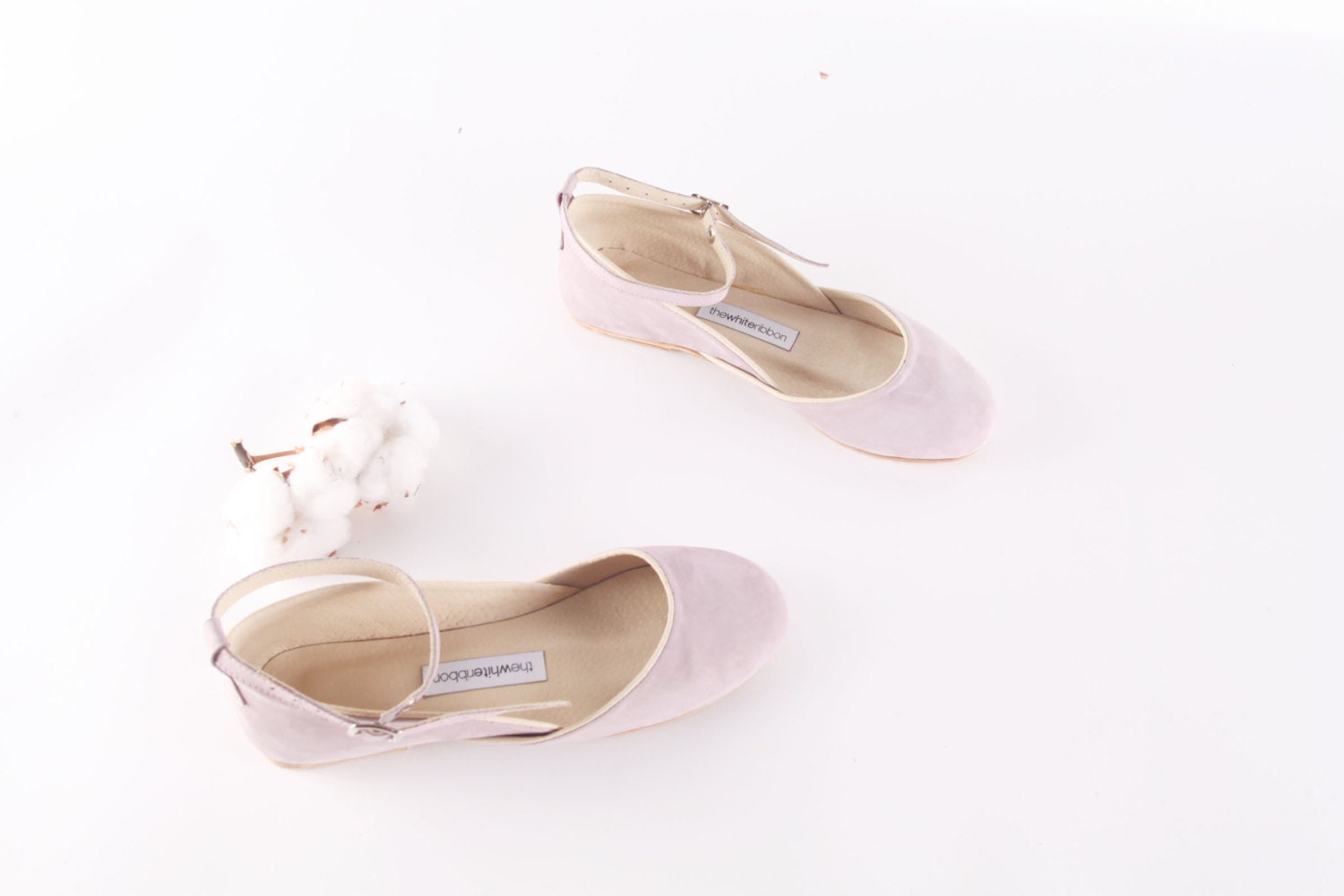 up-cycled Lavender nubuck ballet flats with ankle strap.