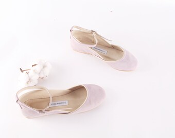 up-cycled Lavender nubuck ballet flats with ankle strap.