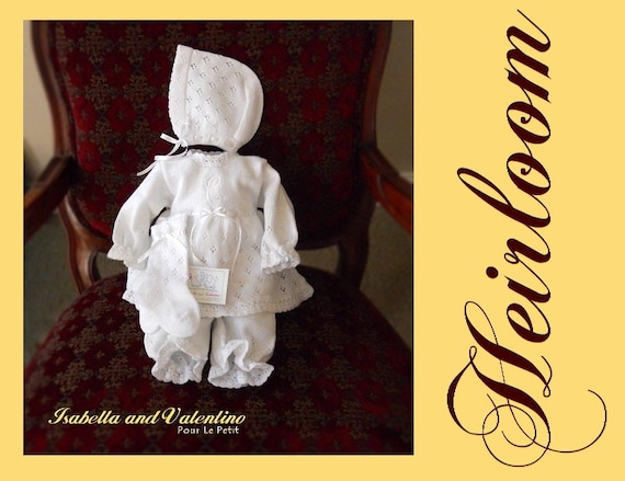 NEWBORN 0 BaBY GiRL WHiTE HEiRLOOM KNiT DReSS Special Occasion Baby Dress Hand Crochet Calado Open Work 3 piece Dress Isabella & Valentino