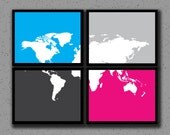 4 Pack of World Map Prints, Global Map, World Print, Art, Custom, Travel, Location, Long Distance Relationship, Silhouette, Wedding