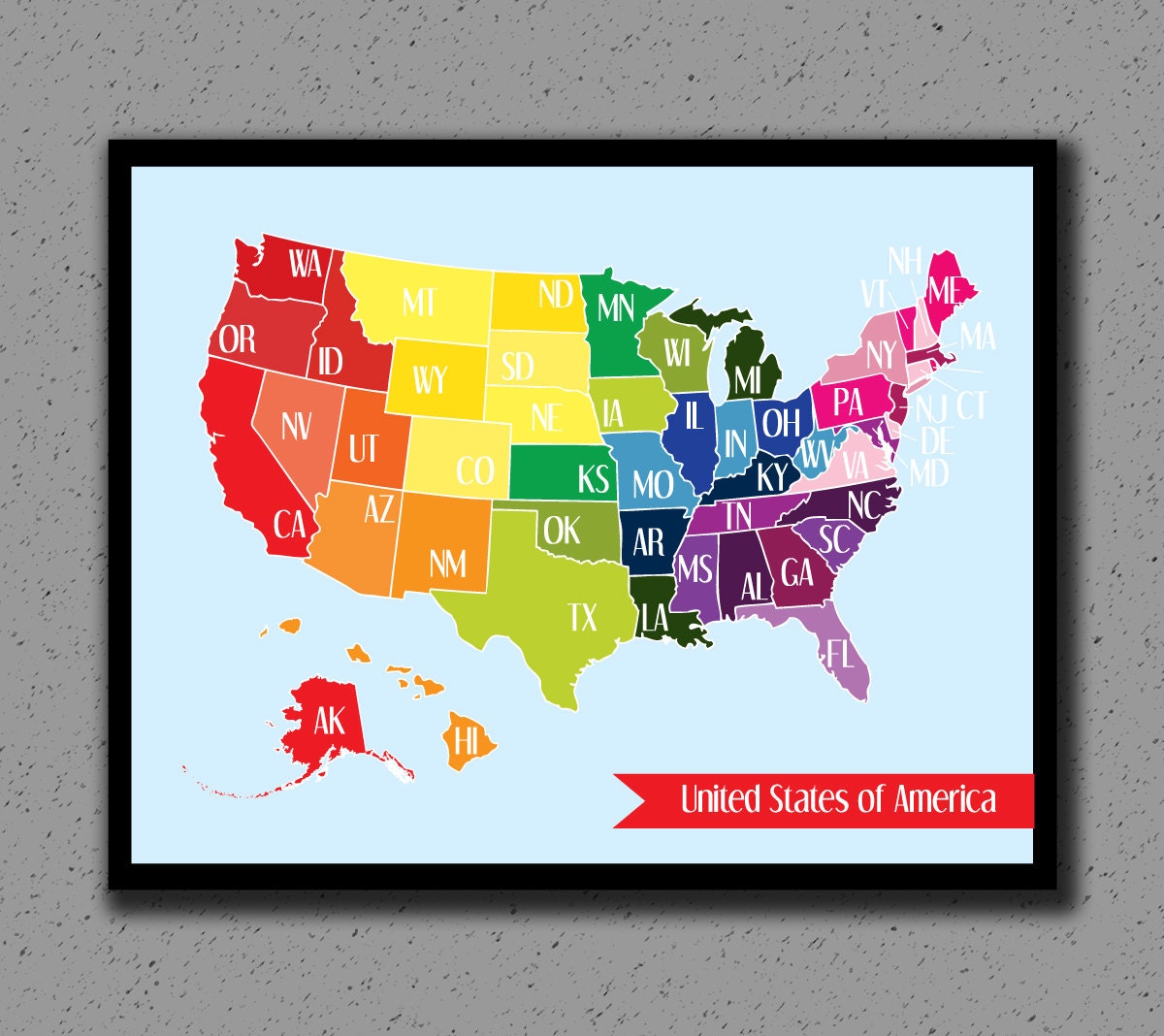 United States Map Colorful, USA, US, America, Art Print, Illustration, Educational, Geography, Children, Nursery, Baby, 50 States, Travel