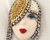 Vintage Large Porcelain Faces Elvira & Jackie Brooch Pin Lady Woman Head Face - Flapper - statement - rhinestones - beaded hair - girl