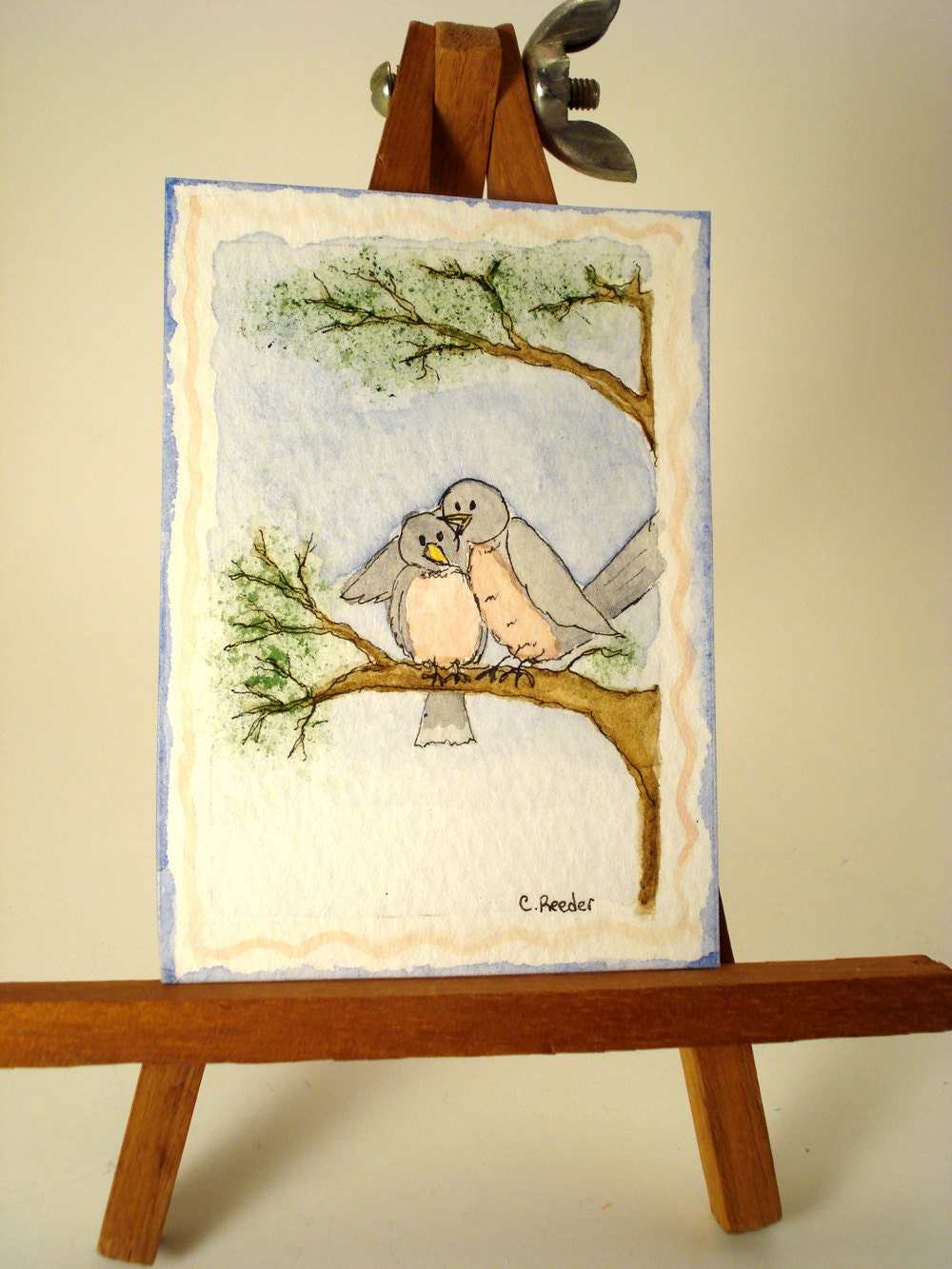 ACEO original art hand painted watercolor love birds mini painting collectable art Lovebirds