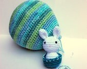 Amigurumi Hot Air Balloon with Adorable White Bunny Rabbit Pilot in teal, turquoise, celery, and other shades of green