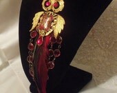 Owl Pendant, Gold n Ruby Feather Owl Necklace, One of a kind Owl Charm Necklace.