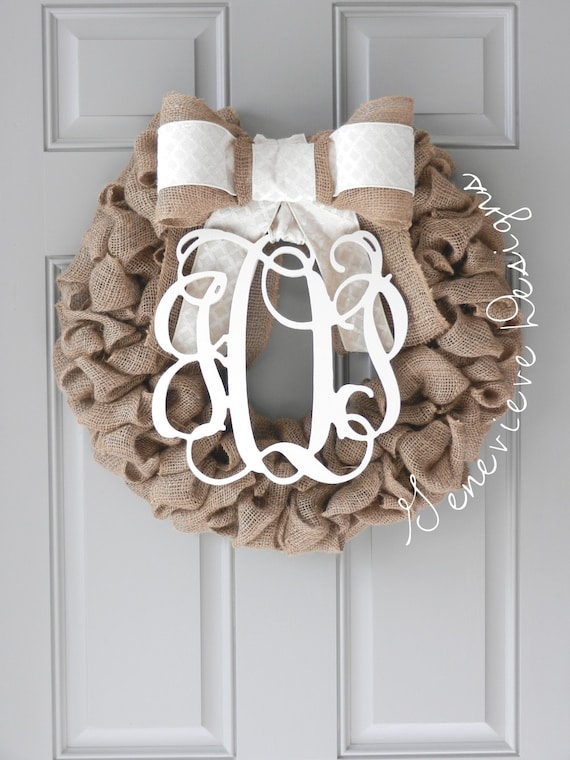 Burlap Wreath - Monogram & Ivory Diamond - Initial Wreath, Summer Wreath, Wedding Gift, Front Door Wreath, Hospital Door Wreath