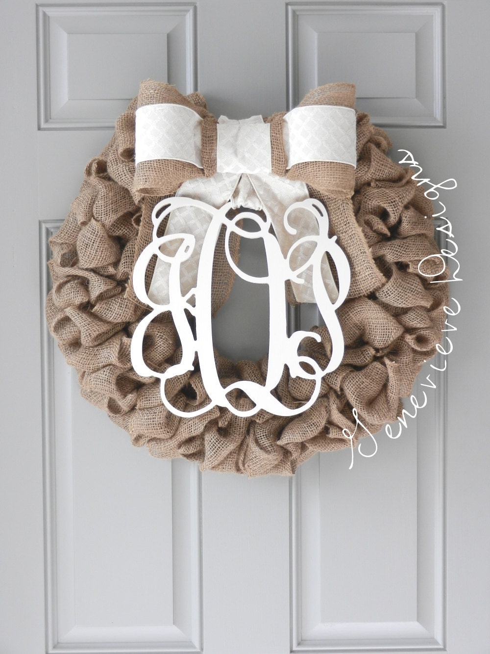 Burlap Wreath - Monogram & Ivory Diamond - Initial Wreath, Summer Wreath, Wedding Gift, Front Door Wreath, Hospital Door Wreath