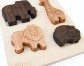 Personalized Toy, Safari Animals Puzzle, organic chunky wood puzzle for babies and toddlers