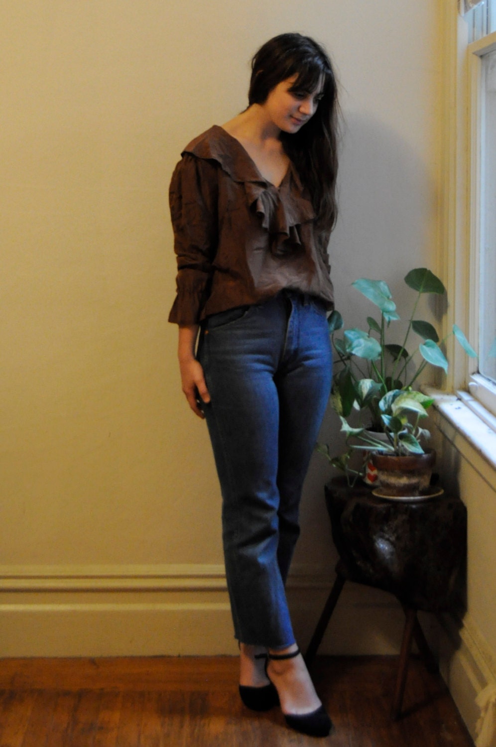 90s Express Chocolate Brown Ruffled Silk Blouse