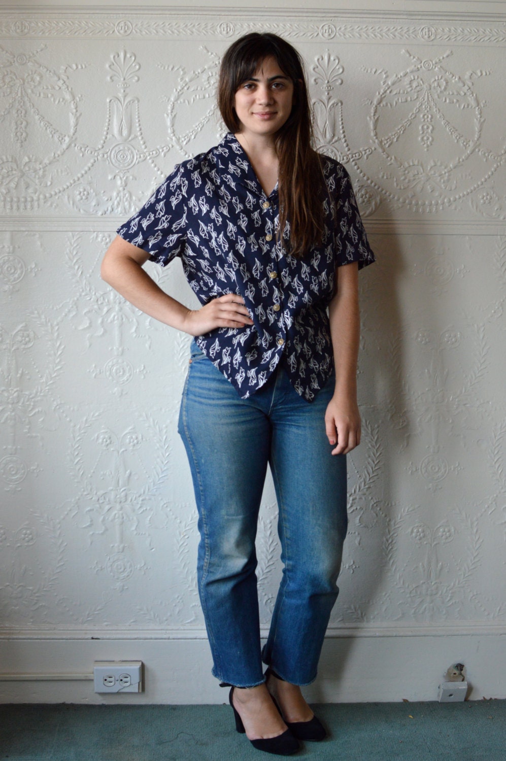 90s Tulip Print Blouse with Tie in Back