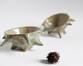 sculptural art bowl, chestnut bowl, small decorative pottery dish, cedar green and beige,  handshaped by karoArt ceramics, Ireland