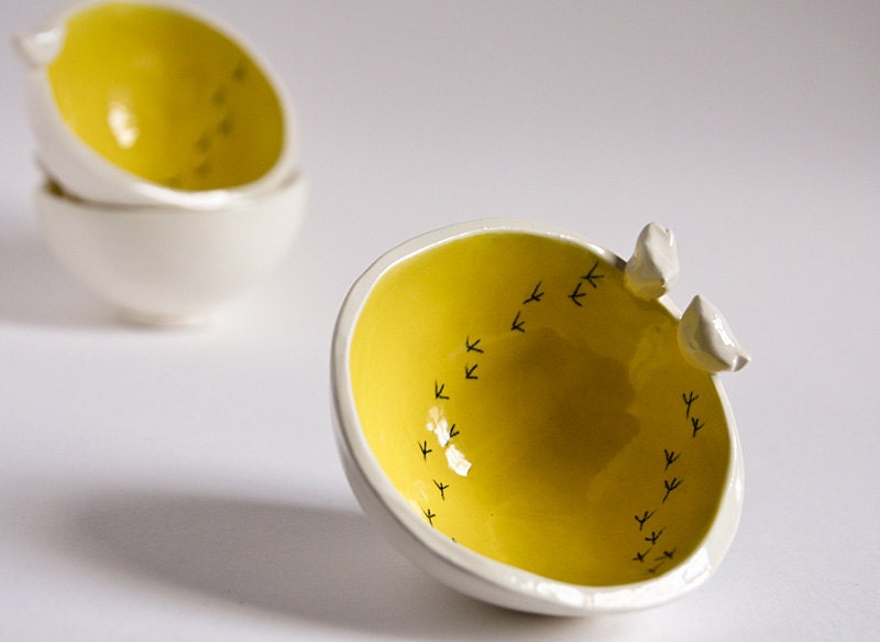 small cearamic bowl, white and yellow TWEET BOWL, spring summer kitchen and home decor, modern minimalist pottery handmade in Ireland