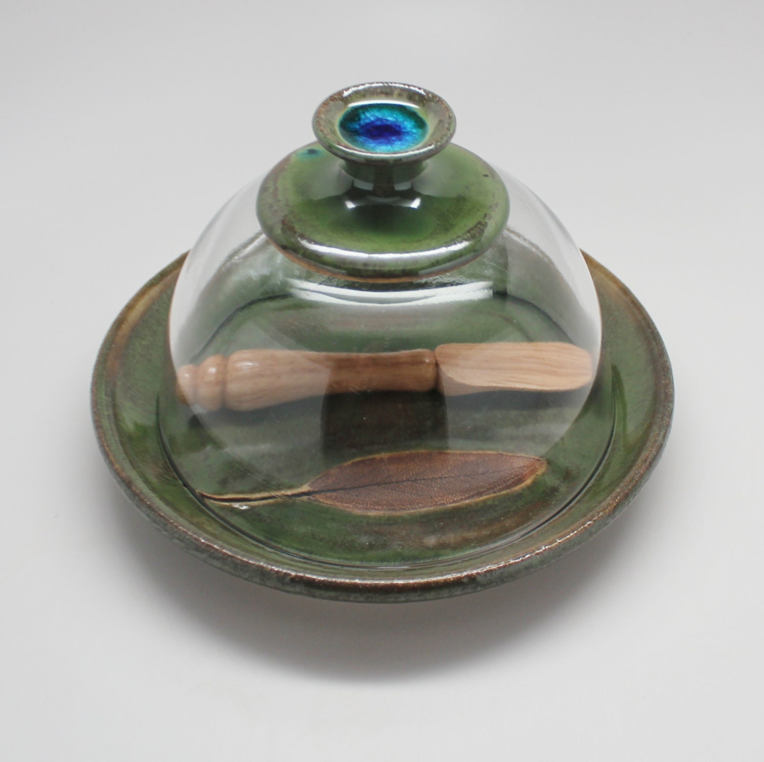 Handmade Cheese or Butter Cloche in Seaweed Green with a Wood Spreader Knife