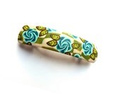 Hair Barrette French clip -  Turquoise ROSES and leaves, flowers, floral barrette,  polymer clay, Made in France