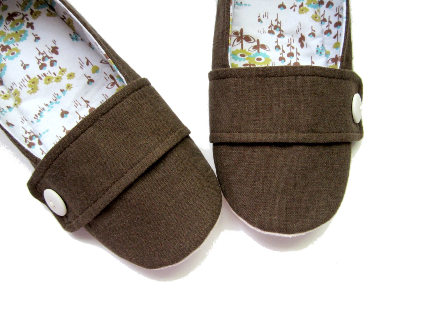 Women's Slippers - Chocolate Brown Linen with White, Blue, and Green Floral Lining