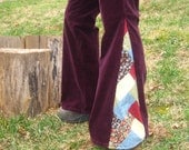 Upcycled bell bottom maroon corduroys, zigzag patchwork insert, one-of-a-kind
